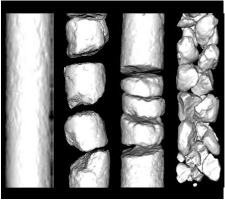 3次元X線CTスキャナーによるコアの非破壊検査。コアの表面形状、サイズ、割れ、全体の状態が把握でき、掘削パラメータの最適化にも利用される。