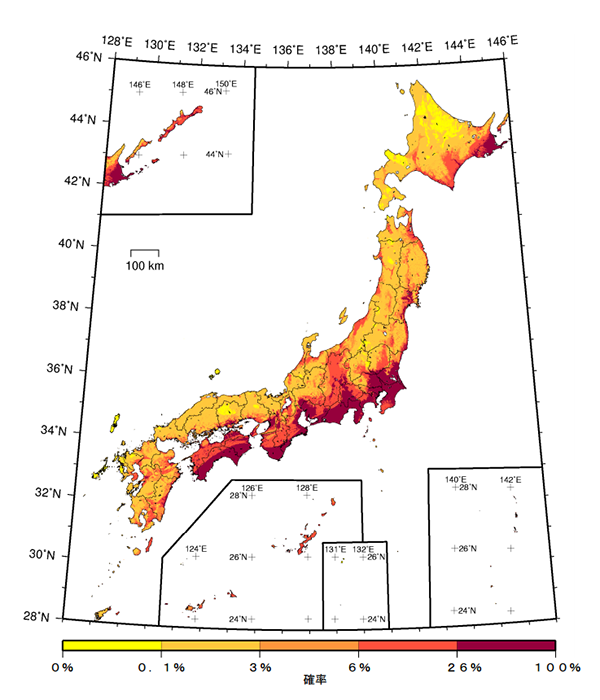 確率論的地震動予測地図(基準日：2014年1月1日）
2014年から30年間に震度6弱以上の揺れに見舞われる確率の分布
（平均ケース・全地震）
(地震調査研究推進本部提供)