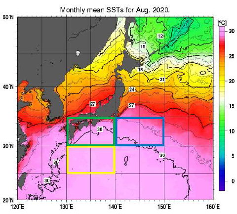 8月の平均海面水温。30度以上の海域が広がっている（気象庁提供）
