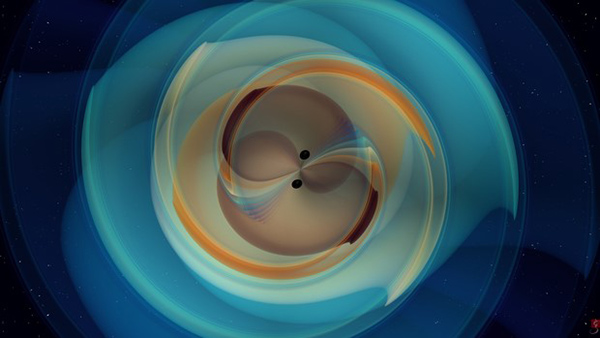 2つのブラックホールが衝突して重力波を出す様子を模擬した図（N.フィッシャー氏、H.ファイファー氏、A.ボナンノ氏＝独マックスプランク重力物理学研究所、SXSコラボレーション提供）