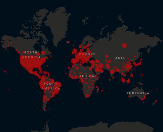 世界の感染状況を示す「世界感染マップ」（米ジョンズ・ホプキンズ大学提供）