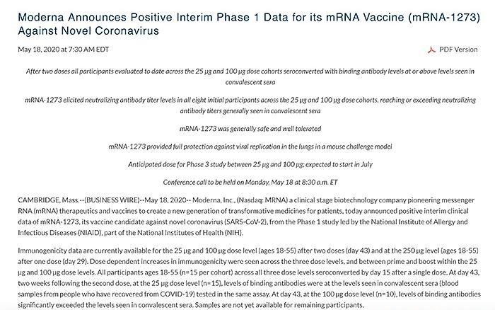 モデルナが開発したワクチン候補「mRNA-1273」の「第1相試験」結果に関するプレスリリースの一部（モデルナ提供）