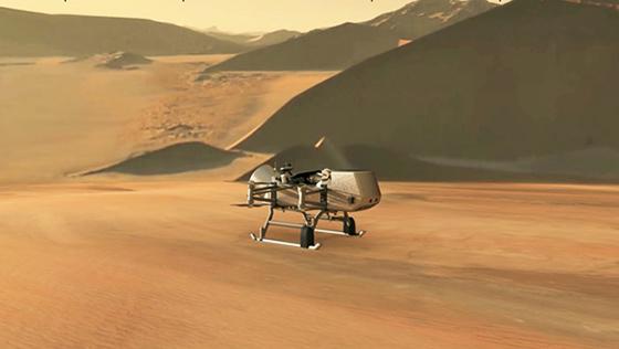 土星の衛星タイタンを探査するドローン型の無人探査機「ドラゴンフライ」の想像図（提供・NASA/JHU-APL）