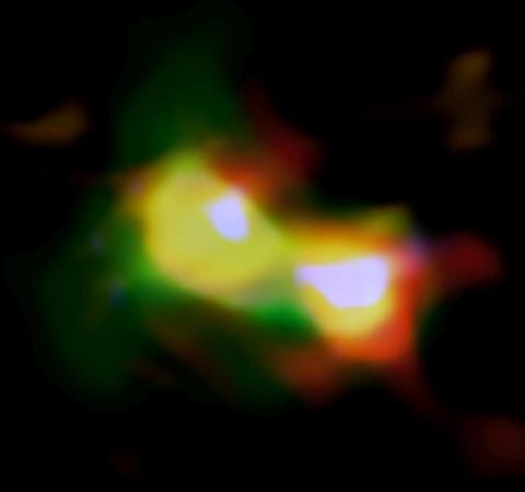アルマ望遠鏡とハッブル宇宙望遠鏡で撮影した合体銀河の合成画像（提供・早稲田大学・国立天文台などの研究グループ/Credit: ALMA (ESO/NAOJ/NRAO)、NASA/ESA Hubble Space Telescope、Hashimoto et al.）