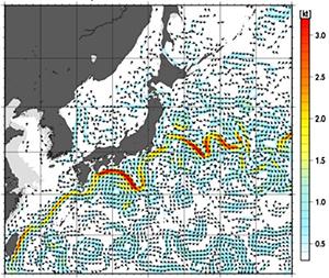 図1 10月15日の海流図。赤や黄が示す流れの速い部分が黒潮で、紀伊半島、東海地方の付近で大きく南に蛇行している。(気象庁のホームページより)