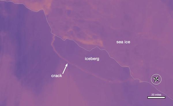 画像1 棚氷「ラーセンC」亀裂(crack)が進んで分離し氷山(iceberg)になった部分(提供・NASA Worldview)