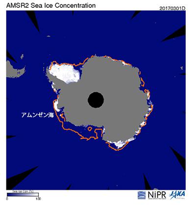 画像1 JAXAの水循環変動観測衛星「しずく」が捉えた南極域での3月1日の海氷分布(白色部分)。オレンジの線は2000年代の同時期の平均的な海氷縁の分布を示す(提供・NIPR/JAXA)