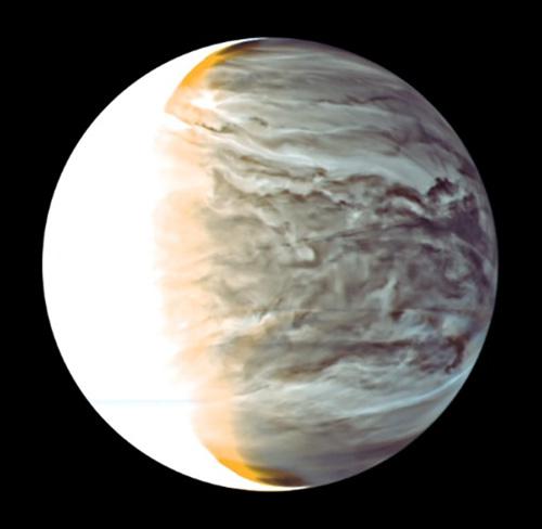 探査機「あかつき」が2016年3月に撮影した金星。疑似カラー（JAXA提供）