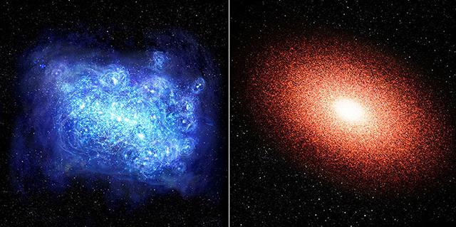 宇宙誕生から約3億年後の約135億年前に形成されたとみられる銀河（左）の想像図と、その銀河が約7億年もの間に進化・老化して「老けた銀河」になった銀河の想像図（右）（国立天文台提供）