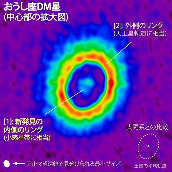 図 アルマ望遠鏡で観測した「おうし座DM星」の原始惑星系円盤。中心から3天文単位の距離に水色のリングが、20天文単位に赤いリングが見える。（工藤智幸さん提供）
