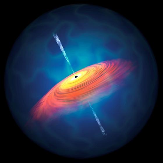 図 クエーサーの想像図。中心に巨大ブラックホールがあり、周囲の物質を活発に飲み込む際に明るい光を放つ。（松岡良樹さん提供）