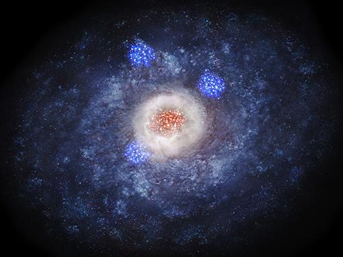 画像1 アルマ望遠鏡とハッブル宇宙望遠鏡で観測した110億光年かなたの銀河の想像図(提供・国立天文台)