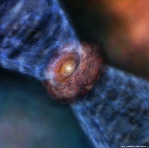 画像2 アルマ望遠鏡の観測結果に基づくオリオンKL電波源Iの想像図。巨大原始星の周囲に円盤が取り巻いており、円盤外縁部の表面からアウトフローが吹きだしている様子が描かれている(提供・国立天文台/ALMA〈ESO/NAOJ/NRAO〉)