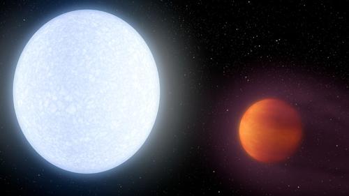 10,000度の恒星(左)の周りを回るKELT-9bの想像図(NASA/JPL-Caltech/R. Hurt (IPAC))
