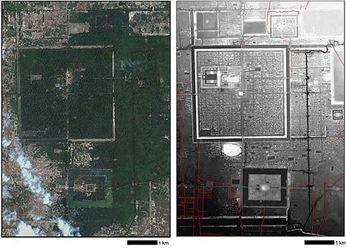アンコール遺跡群中心地区で明らかとなった都市構造(左：衛星画像 Google Earth、右：「ライダー」)
(提供：筑波大学)