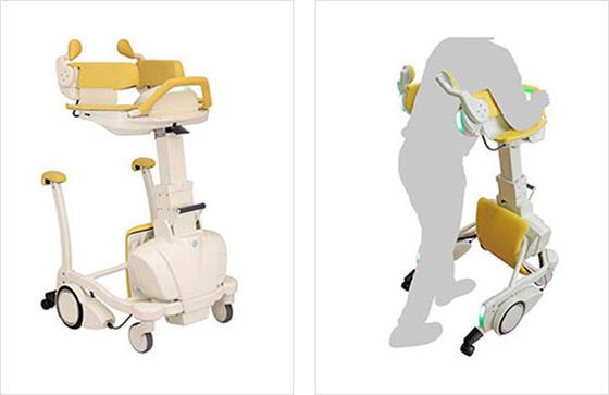 （左図）転倒防止ロボット歩行車試作機 （右図）使用時のイメージ