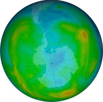 米航空宇宙局(NASA)が公開している2016年6月28日のオゾン層の状態。はっきりりとしたオゾンホールはみられない(NASA提供)