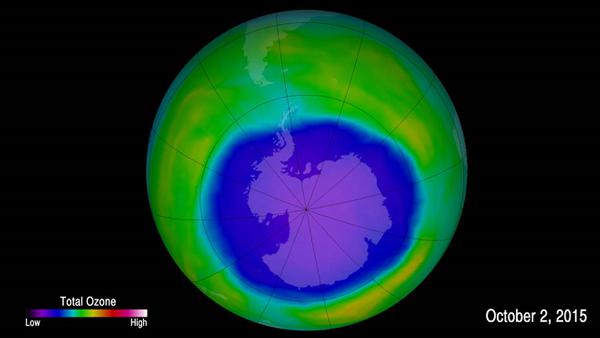 画像2 NASAが公開した2015年10月2日のオゾン層。南極を中心にオゾン層が薄くなる「オゾンホール」がみられる(NASA提供)