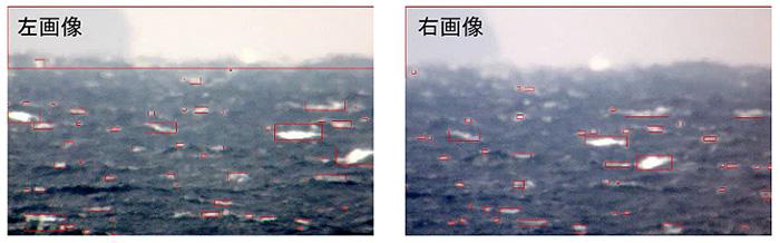 左右2台のカメラが撮影した玄界灘の海面。赤線の四角が検出した波（福岡工業大学提供）