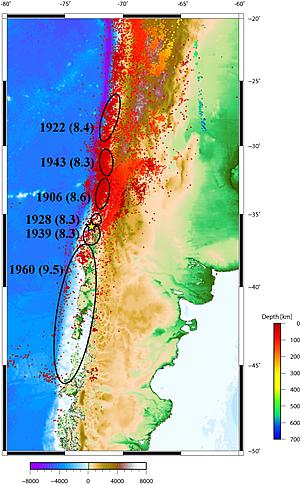  ナスカプレート沈み込み帯で過去に起きた地震の震源域。星印は今回のチリ中部地震の震源  (提供：東京大学地震研究所) 
