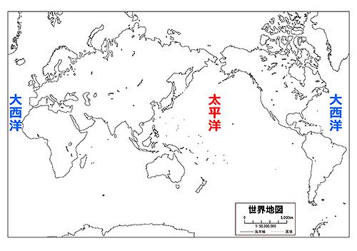 図3．太平洋と大西洋の位置関係。岩手県は太平洋に面しているにもかかわらず、ビノスガイの年間成長量は、大西洋の長周期変動パターンと類似していた。