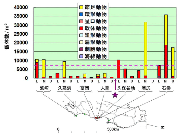 図 2: 潮間帯(下部L、中間部M、上部Uの水深別)における付着生物(無脊椎動物)の1平方メートルあたりの個体数密度(個体数/m2)。紫色の星印は福島第一原発を、点線の円は半径20キロメートル圏内を示す。グラフ中のピンク色の破線は1995年5月時点の福島県沿岸20地点での付着生物の1平方メートルあたりの平均個体数密度7,158(個体/m2)を示す。