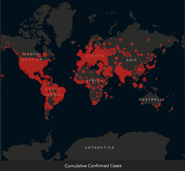 赤い丸や部分が世界の感染者の実態を示す感染地図（米ジョンズ・ホプキンズ大学提供）