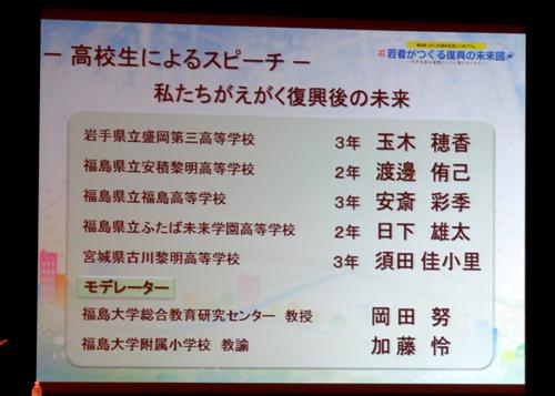 写真1「高校生によるスピーチ」の部。5人 の高校生が登壇し、意見や活動を発表した(5月29日福島市内の会場)