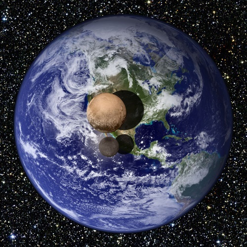 地球、冥王星、衛星カロンの大きさの比較。冥王星は地球の18.5%、カロンは9.5%(提供：NASA/JHUAPL/SWRI)