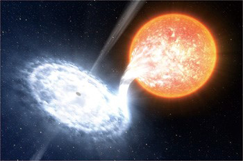 図9．恒星とブラックホールの連星のイラスト。右側が恒星で、左側は降着円盤を形成したブラックホール。ブラックホールからは降着円盤に垂直にジェットが噴き出している。(Credit: ESO/L. Calçada)