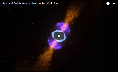 映像1．今回の中性子星合体をフォローした9日間の様子を、アニメーションで紹介した映像。重力波とガンマ線が放出された後、キロノバから物質が放出されるまでの現象が紹介されている。出展:LIGO HP(“Jets and Debris from Neutron Star Collision”, Credit: NASA's Goddard Space Flight Center/CI Lab)