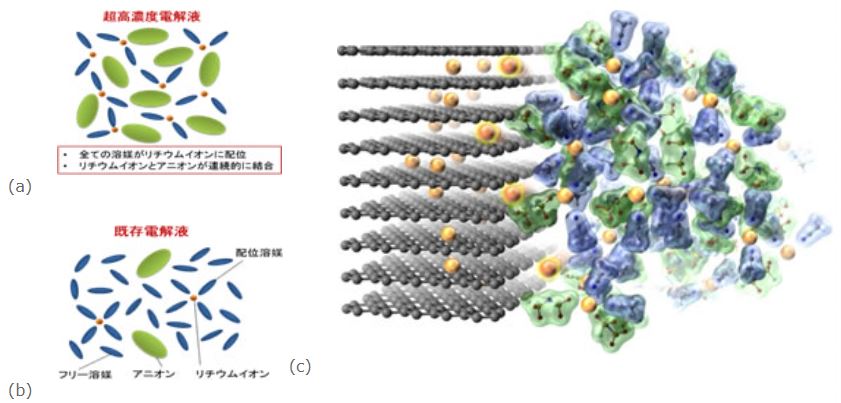 図2. (a)超高濃度リチウムイオンを含んだアセトニトリル／TFSA－電解液。
(b)通常の電解液。
(c)超高濃度リチウムイオンのインターカレ－ションの計算結果。[12]
黄色：リチウムイオン、青：アセトニトリル、緑：TFSA－