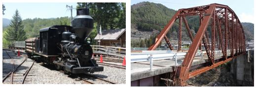 木曾森林鉄道(長野県)。左がボールドウィン蒸気機関車、右が鬼渕鉄橋
(提供：中部森林管理局) 
