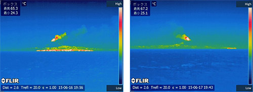 赤外カメラで撮影した西之島。南東からの撮影(左)と、南西からの撮影(右)。海に流出している溶岩流の先端部と火口から、上昇する噴煙の様子が高温部として認められる。　(撮影：前野 深 東京大学地震研)