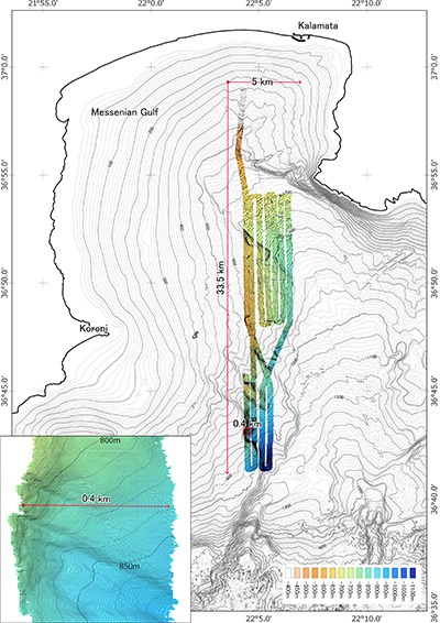 提出した地形図データ。カラフルに表示されている帯状の領域が、実際に海底探査で航行した場所。
※画像提供：Team KUROSHIO