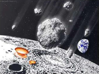 小惑星の破片がシャワーのように次々に月と地球を襲った様子の想像図（大阪大学提供）