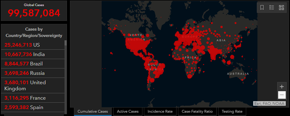 米ジョンズ・ホプキンズ大学のCOVID-19の集計サイト。左上の赤い数字が世界の感染者数（米ジョンズ・ホプキンズ大学ホームページから）