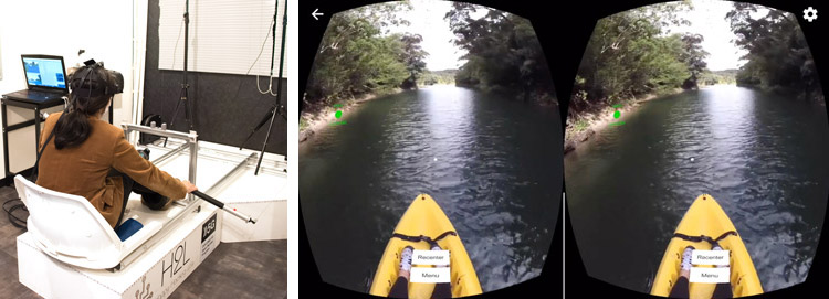 遠隔地から沖縄の川でカヌーをこぐボディシェアリングのテスト装置（左）。ヘッドマウンテッドディスプレーにより、右の画像のような映像が映る。パドルを動かすと水の抵抗感が感じられ、想像をはるかに超える臨場感があった（右：玉城さん提供）