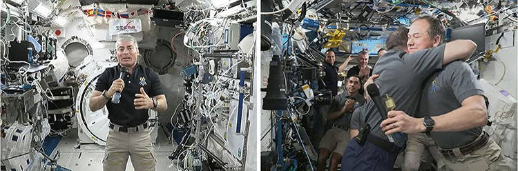日本実験棟「きぼう」でISSの意義を語るバンデハイ飛行士（写真左）と、船長交代式で抱き合う米露の飛行士（いずれもNASAテレビから）