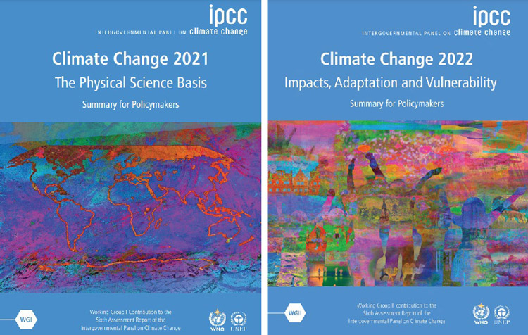 IPCC第1作業部会報告書の「政策担当者向け概要」の表紙（左）と、同第2作業部会の同概要の表紙（IPCC提供）