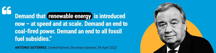 4月4日に迅速、大規模な再生可能エネルギーの導入を求めたグテレス国連事務総長のビデオメッセージを伝える国連ホームページ（国連提供）