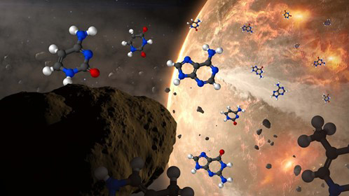隕石が原始の地球に核酸塩基をもたらした可能性を描いたイラスト（NASA、CIラボ、ダン・ギャラガー氏提供）
