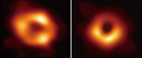 画像のいて座Aスター（左）は、M87銀河の巨大ブラックホール（右）に比べ少しゆがんでおり、ガスの明るさの分布が異なっている。実際にこうした違いがあるかの判断には、さらに研究が必要だという（イベント・ホライズン・テレスコープ・コラボレーション提供）