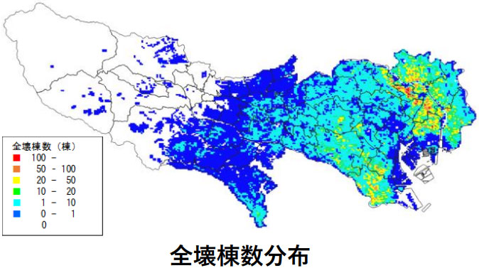 都心南部直下地震で想定される全壊棟数分布（東京都防災会議提供）