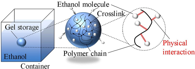 高分子の小さなゲルを液体燃料のエタノールに漬け、分子を結合させる（ケミカル・エンジニアリング・ジャーナル 2022, Volume 444から。CC BY-NC-ND 4.0）