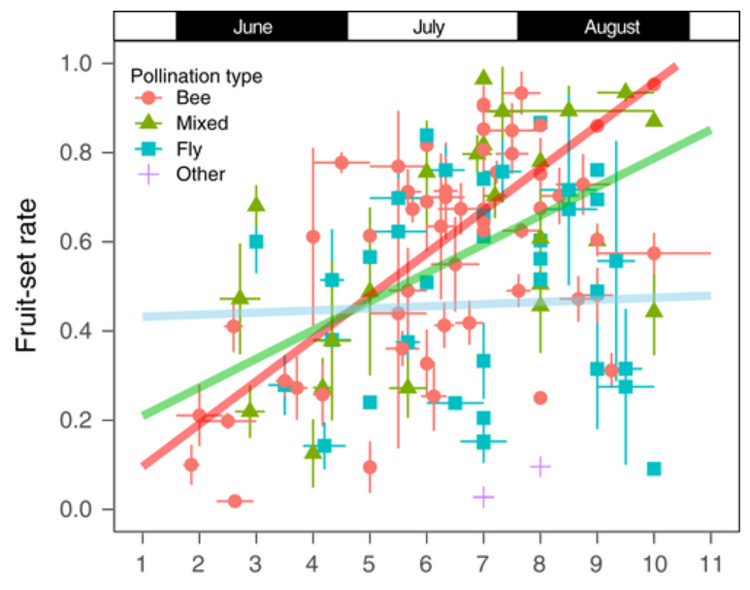 大雪山系で観察された虫媒花植物と結実率の関係を示すグラフ。ハチ媒花植物は明確な季節性が見られ、開花が遅いと結実率が高まっていた。ハエ媒花植物は開花時期と結実率との関係はみられなかった（北海道大学/工藤准教授ら提供）