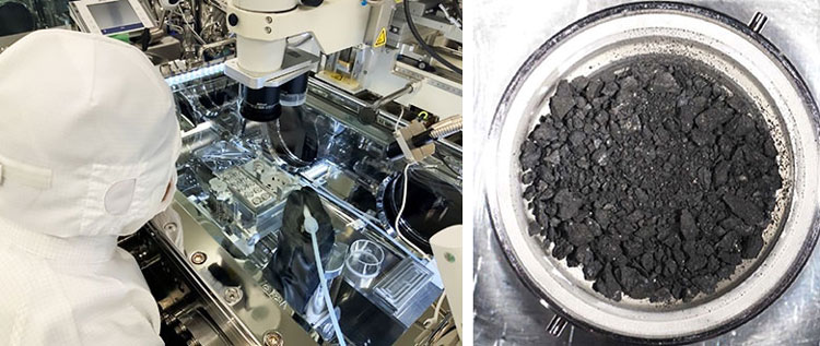 （左）JAXAの専用施設内でリュウグウの試料から大きな粒を取り出す作業＝昨年1月。（右）リュウグウに人工クレーターを作成し採取した、地下の物質を含む試料（いずれもJAXA提供）