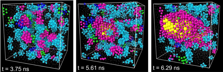 ニッケルアルミニウム合金の結晶化における時間（ns＝ナノ秒、ナノは10億分の1）ごとの原子配置の変化のシミュレーション。前駆体（ピンク）は常にあちこちでできたり消えたりする。前躯体の領域から結晶核（黄）が生成し成長している（東京大学・田中名誉教授提供）