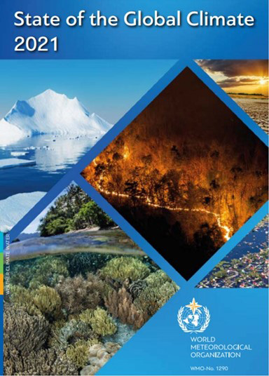世界気象機関（WMO）が今年5月に公表した2021年の極端な気象現象の要因などを分析した報告書の表紙（WMO提供）