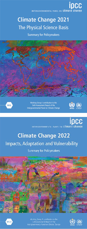 IPCCが昨年8月に公表した「自然科学的根拠」報告書概要版の表紙（上）と今年2月に公表した「影響・適応・脆弱性」報告書概要版の表紙（IPCC提供）
